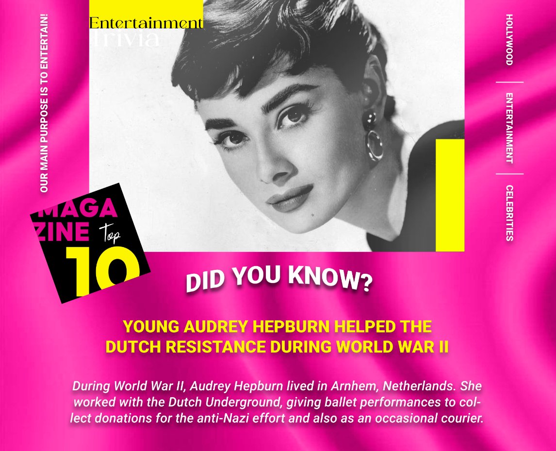 TopTen_Magazine's tweet photo. Audrey Hepburn lived a secret life as an asset of the Dutch Resistance during World War II. Audrey Hepburn’s work with the Dutch resistance as a child used her skills in the arts to raise money for underground groups.

#Entertainment #Celebrity #Facts #AudreyHepburn #WorldWar2 https://t.co/rDUkrahAxb