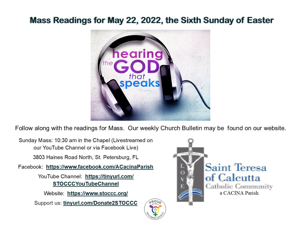 STOCCC2's tweet photo. Mass Readings for May 22, 2022, the Sixth Sunday of Easter
#Easter #EasterMass #EasterSeason2022 #CatholicMass #SundayMass #StTeresaofCalcuttaCatholicCommunity #STOCCC #CACINA #CACINACatholics #CatholicTwitter #Catholic https://t.co/zz4L5fk5QP