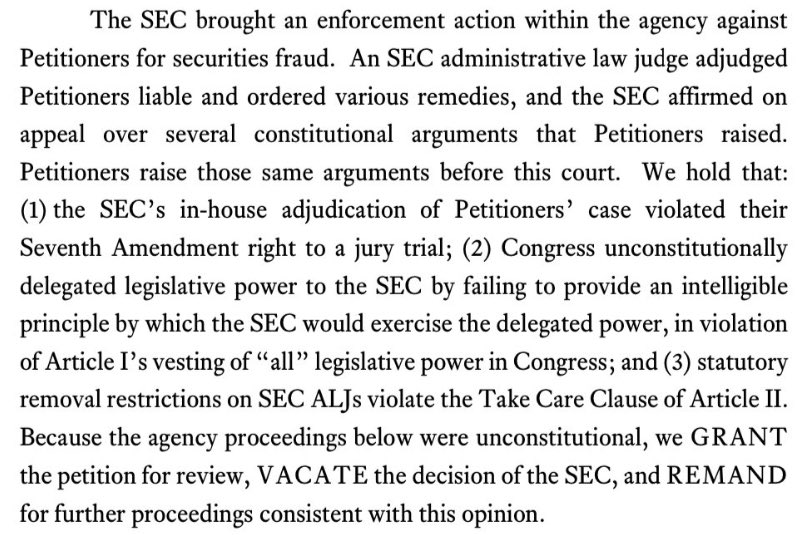 unusual_whales's tweet photo. 🚨JUST IN🚨

The 5th Circuit just potentially dismantled the SEC's power to enforce securities law.

Not a lawyer, but it seems that the 5th Circuit implied a federal body cannot enforce unconstitutional measures. https://t.co/J1LsF6HXXL