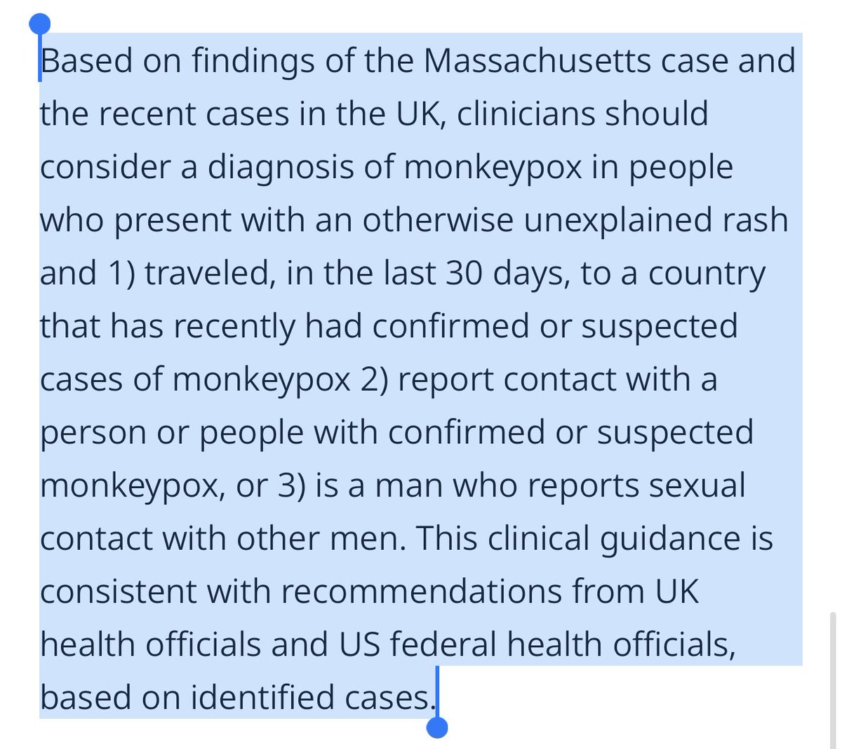 4) Based on findings of case and recent cases in the UK, clinicians should consider a diagnosis of monkeypox in people who present with an otherwise unexplained rash and 1) traveled, in the last 30 days, to a country that has recently had suspected cases… https://www.mass.gov/news/massachusetts-public-health-officials-confirm-case-of-monkeypox