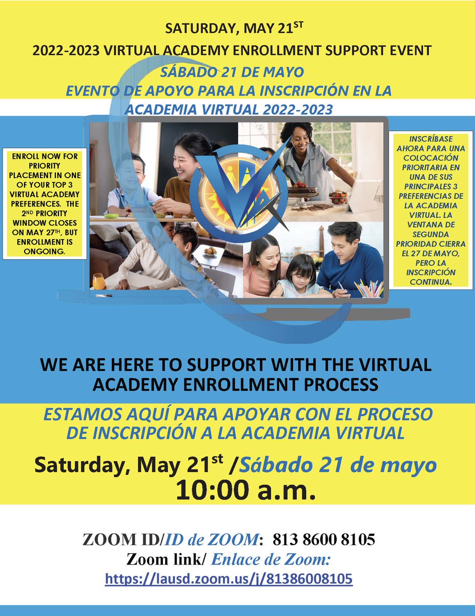 Do you need help with enrolling into the Virtual Academy next year? We can help on Saturday, May 21st from 10 am - 1pm. 
Zoom Link:
lausd.zoom.us/j/81386008105

Priority Enrollment ends May 27th. 
Questions: Call our office at 213-316-9840