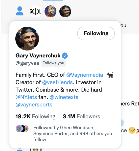 Niftynifty88's tweet photo. OMG!!!! This is not a drill. 

@garyvee just followed me ♥️♥️

Thank you so much ser. I love everything you have built for the vee friends fam. 
Every day, I work on building my own collection because of your inspiration. 

So much love ♥️ #VeeFriends #VeeCon https://t.co/kiXmfK8e4F