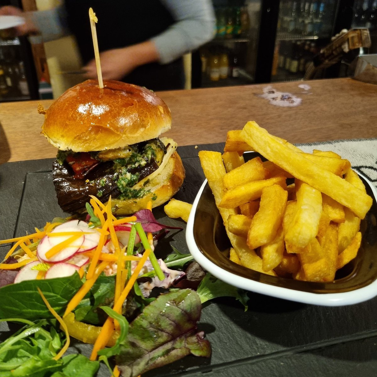 Just one of the new summer dishes roasted hallumi with homemade pesto and roasted vegetables served with twice fried homemade chips . #trengilly #mosthiddeninn #booktoavoiddissapointment