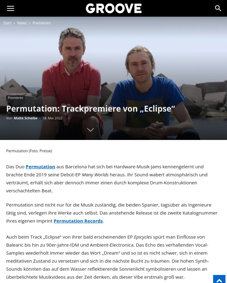 Permutation_BCN's tweet photo. We are in @Groove_Mag with a track premiere of Eclipse from our forthcoming EP. Danke! 🔊🎶

Photo by @byvanvelvet 🙏 https://t.co/WOpQDHmDPB