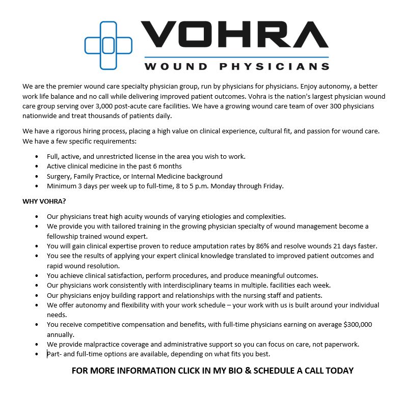 HIRING KENTUCKY PHYSICIANS 
Owensboro, Berea, Bowling Green, Madisonville, & Louisville 

Become trained in Wound Care. Make rounds in LTC facilities in the state of Kentucky. Both full time and part time positions are available. #MedTwitter #generalsurgeons #physicians