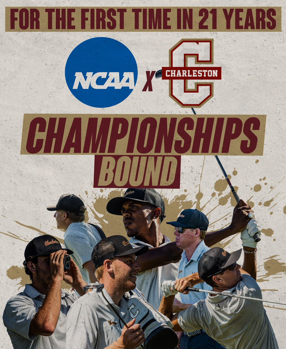 CofCMensGolf's tweet photo. NCAA CHAMPIONSHIPS BOUND! 

For the first time since 2001 &amp; the second time EVER at CofC, the Charleston Cougars are headed to the ‘ship! 

#comeCus x #NCAAGolf 🌴⛳️ https://t.co/neyNcIsNWa