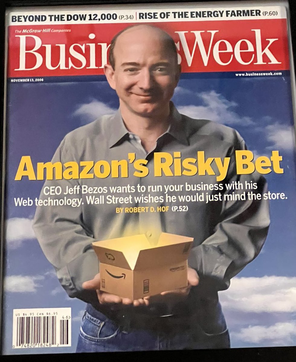 I have this old 2006 BusinessWeek framed as a reminder. The “risky bet” that Wall Street disliked was AWS, which generated revenue of more than $62 billion last year.