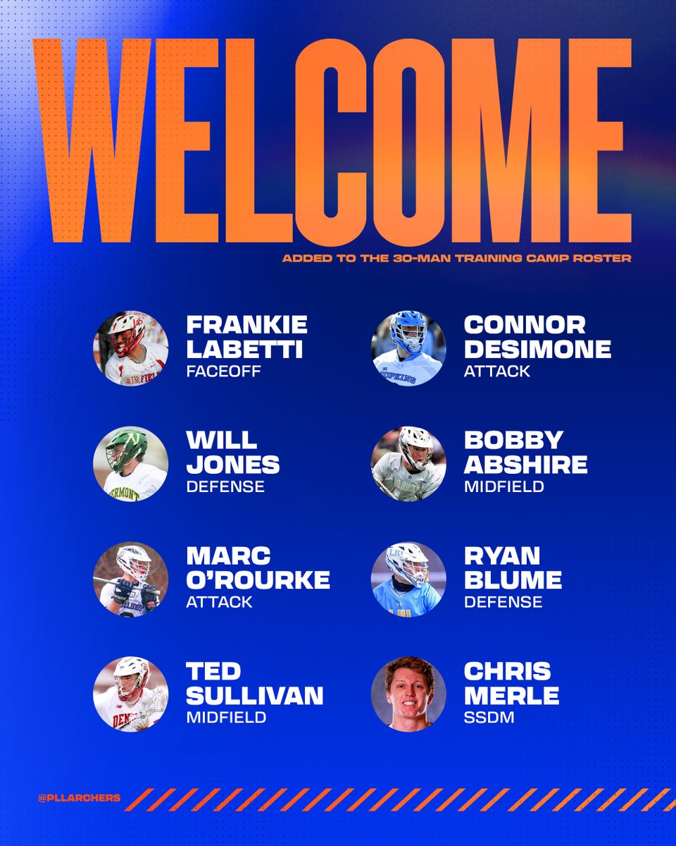 PLLArchers's tweet photo. Prior to the start of Training Camp, we have added Frankie Labetti, Will Jones, Marc O'Rourke, Ted Sullivan, Connor Desimone, Bobby Abshire, Ryan Blume, &amp; Chris Merle to our 30-Man Roster. 

Can't wait for Albany! #BowUp🏹 https://t.co/Ws8Exc1WVW