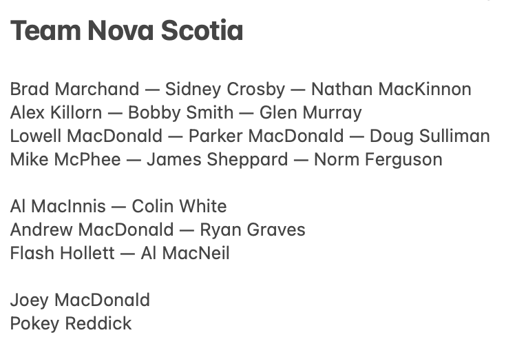 AndyDickerson39's tweet photo. Stumbled across Hockey-Reference's "sort by province" feature today. Figured if there's anything that could get @DownGoesBrown to look up from his tear-stained ketchup chips it would be a roster building exercise. Here's Team Nova Scotia. Dynamite top line &amp; lots of MacDonalds! https://t.co/sbi7EnGswk