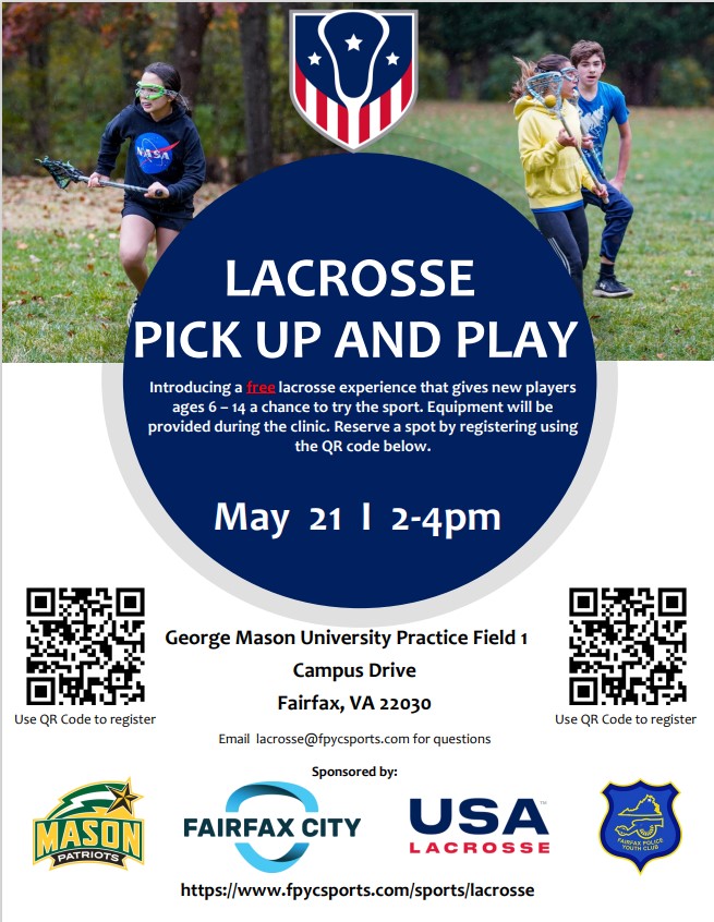 CityofFairfaxVA's tweet photo. Heads up, #FairfaxCity!
Kids age 6-14 who are interested in learning how to play lacrosse: check out this opportunity to practice your skills:
#Lacrosse Pick Up and Play, 2-4 p.m., @GeorgeMasonU Fairfax campus Practice Field 1
Info: https://t.co/cdMdiYDVyi @FPYCSports https://t.co/hlqzryepiB