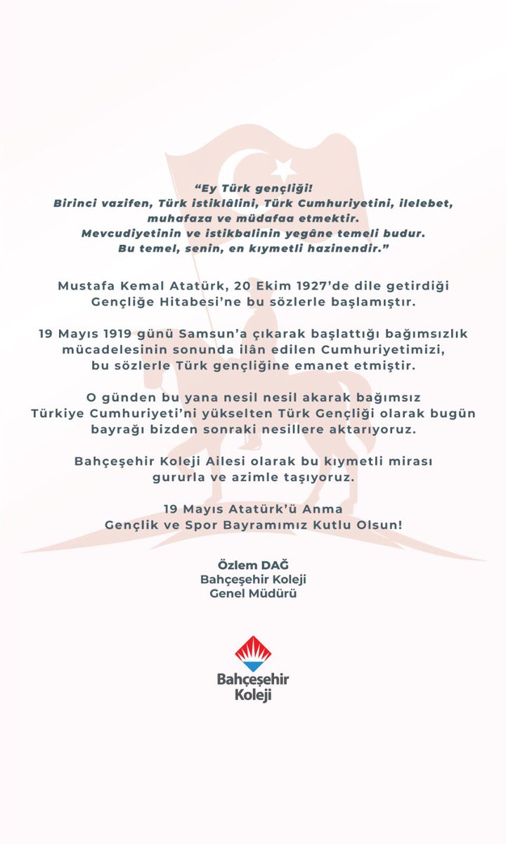 19 Mayıs Atatürk’ü Anma, Gençlik ve Spor Bayramımız Kutlu Olsun! 🇹🇷🇹🇷

#19Mayıs1919 
#BahçeşehirKoleji