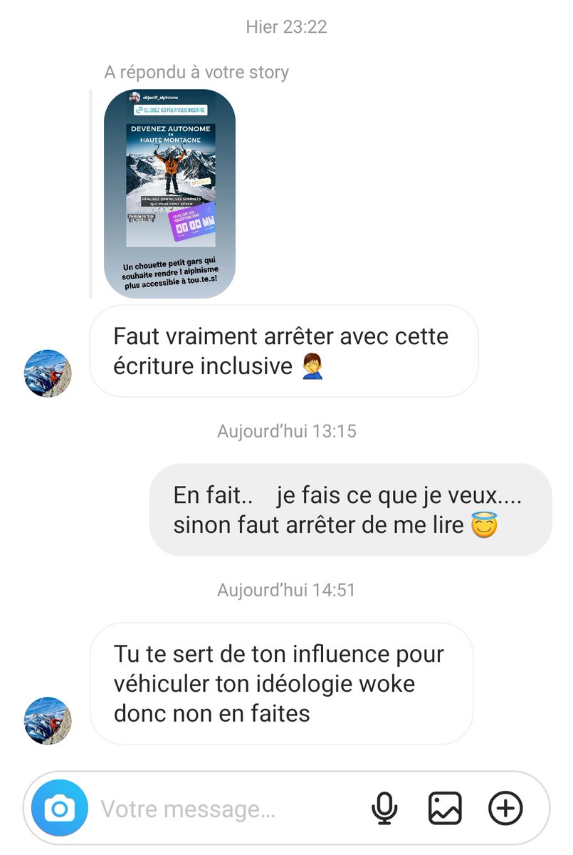 Alors je commence par quoi? 
1. Sa faute d'orthographe? 🤣
2. Ma liberté d'expression? 🙏
3. L'importance de l'écriture inclusive? 🍪

Vous préférez quoi?