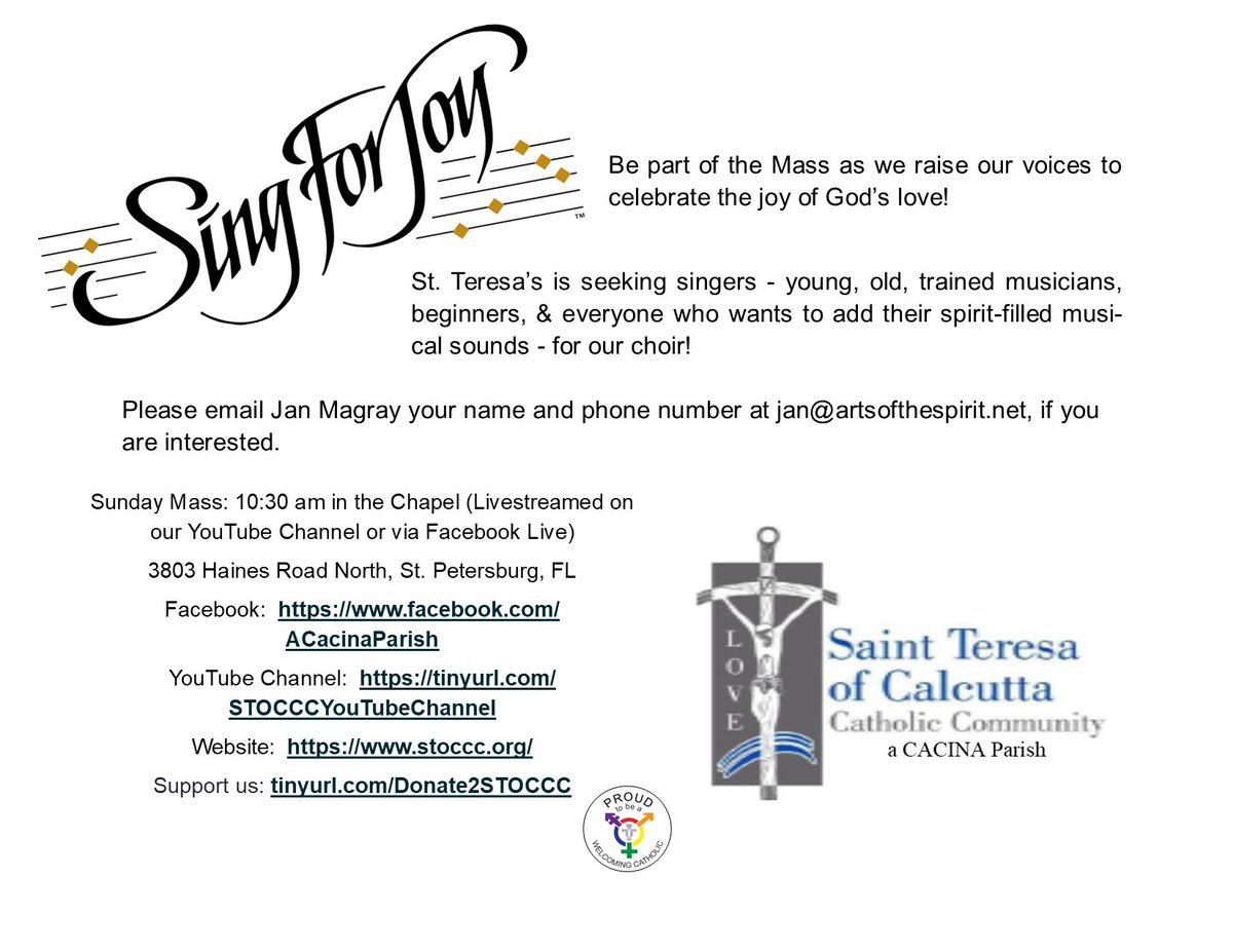 STOCCC2's tweet photo. Sing for Joy in St. Teresa of Calcutta Catholic Community’s New Choir
Please email Jan if you are interested.
#Choir #ChurchChoir #CatholicChoir #CatholicMass #SundayMass #StTeresaofCalcuttaCatholicCommunity #STOCCC #CACINA #CACINACatholics  #CatholicTwitter #Catholic https://t.co/iTfXt2DFCB