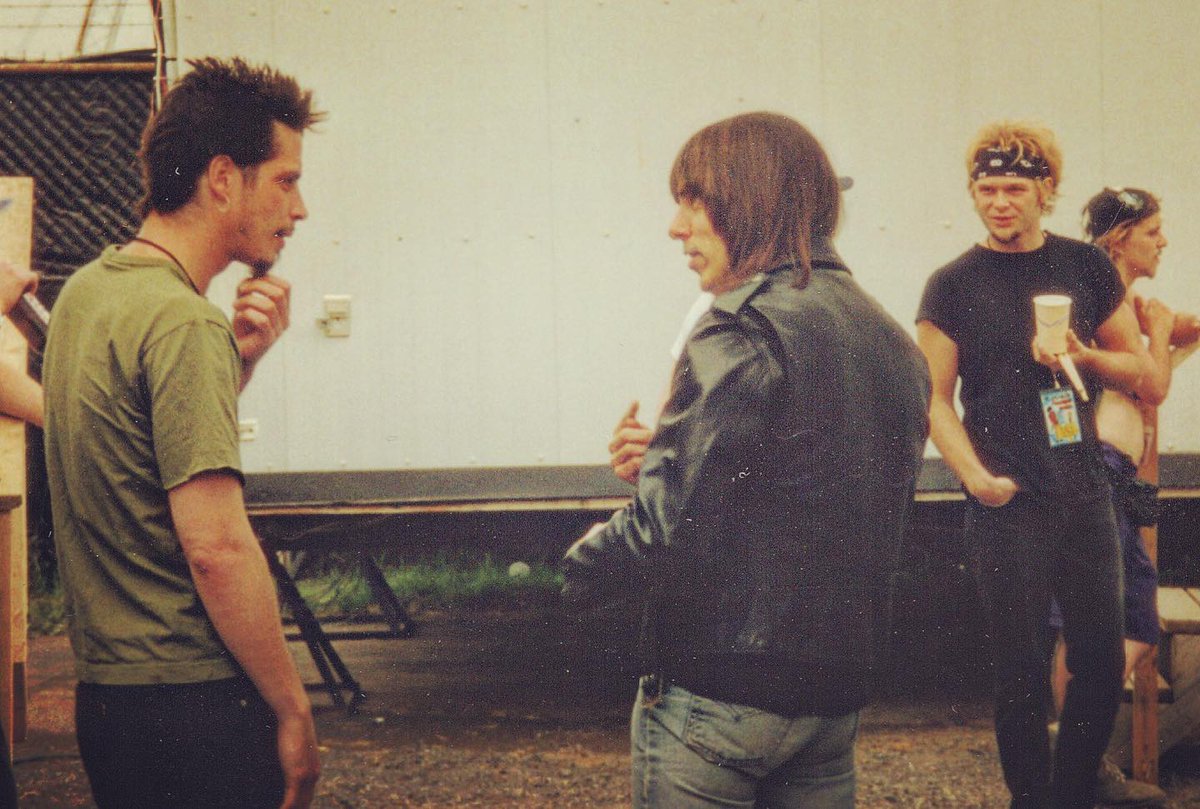 It's @chriscornell and @johnnyramone, backstage at Spartan Stadium, San Jose, August 2, 1996. Photo by April Cameron 💐 #RIPChrisCornell (July 20, 1964 - May 18, 2017)