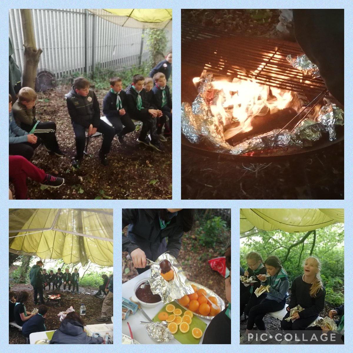 31stBelfast's tweet photo. Cubs continued their Backwoods badge work tonight. They had a go at Banana/chocolate 🍌🍫 also hollowed out orange 🍊 with chocolate cake mix 🎂 in it. All cooked in tinfoil over open fire. All went down a teat 😋 https://t.co/1FYn4NMjA8