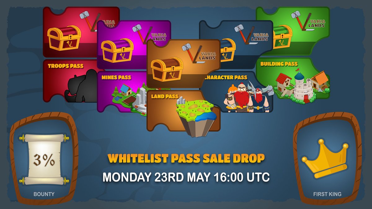 #WAXP #P2E #NFTGame - Whitelist Pass sale
23rd May 16:00 UTC 

More details on
discord.gg/varialands
t.me/varialandsio