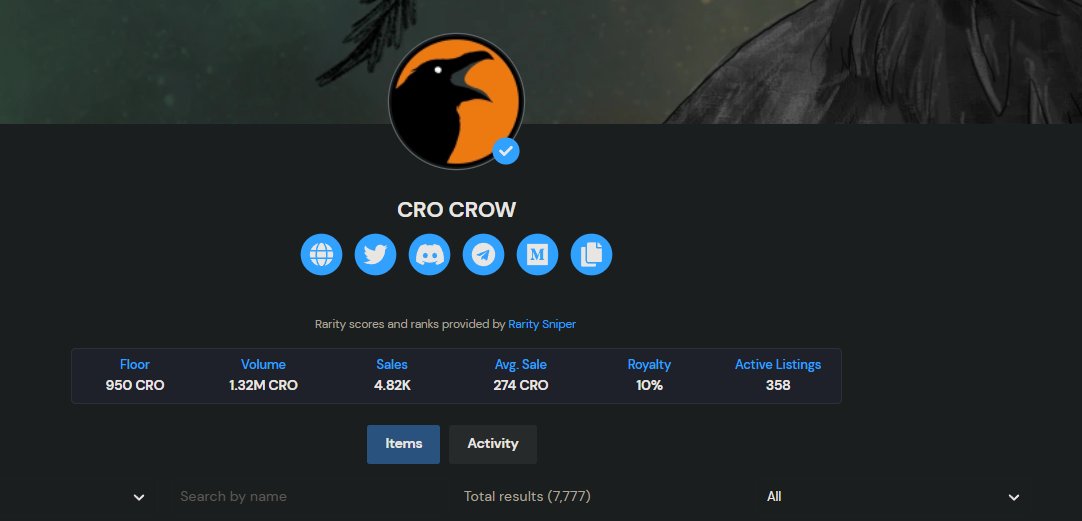 Murica__1st's tweet photo. Floor got swept after I posted my last tweet about Cro Crows!  Went from 800 to 950... Do not sleep on these crows!

NFA of course, but I would not be shocked to see this floor at 2k+ cro in a month. Owning Crows actually gets you decent Royalties...

@cronoscrocrow https://t.co/LHOB8ryaoZ