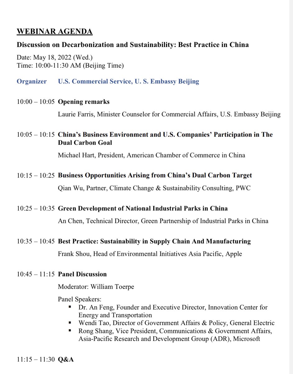 andyfengan's tweet photo. Good panel discusion on Decarbonization and Sustainability in China, organized by U.S. Commercial Service, U. S. Embassy Beijing. Introduced the U.S. Climatetech Export Promotion Porgram (China) funnded by USDOC-ITA. 130+ representatives from China-based US firms attended https://t.co/rpfEEIi8x9