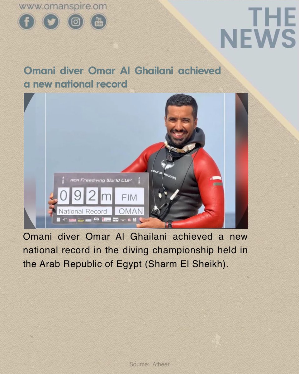 omanspire's tweet photo. Omani diver Omar Al Ghailani achieved a new national record ..,
.
.
#oman #omanspire #news #awareness #divie https://t.co/CpV3wwbSLv