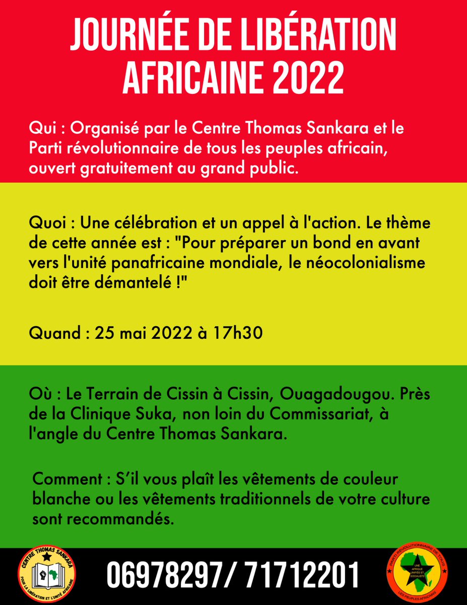 AAPRP's tweet photo. Nous nous préparons pour notre célébration annuelle de la journée de libération africaine au centre Thomas Sankara de Cissin, Ouagadougou qui aura lieu le 25 mai à 17h30. C'est un événement à ne pas manquer, rempli d'éducation politique, d'art et de performances révolutionnaires https://t.co/AdCaMoyuom
