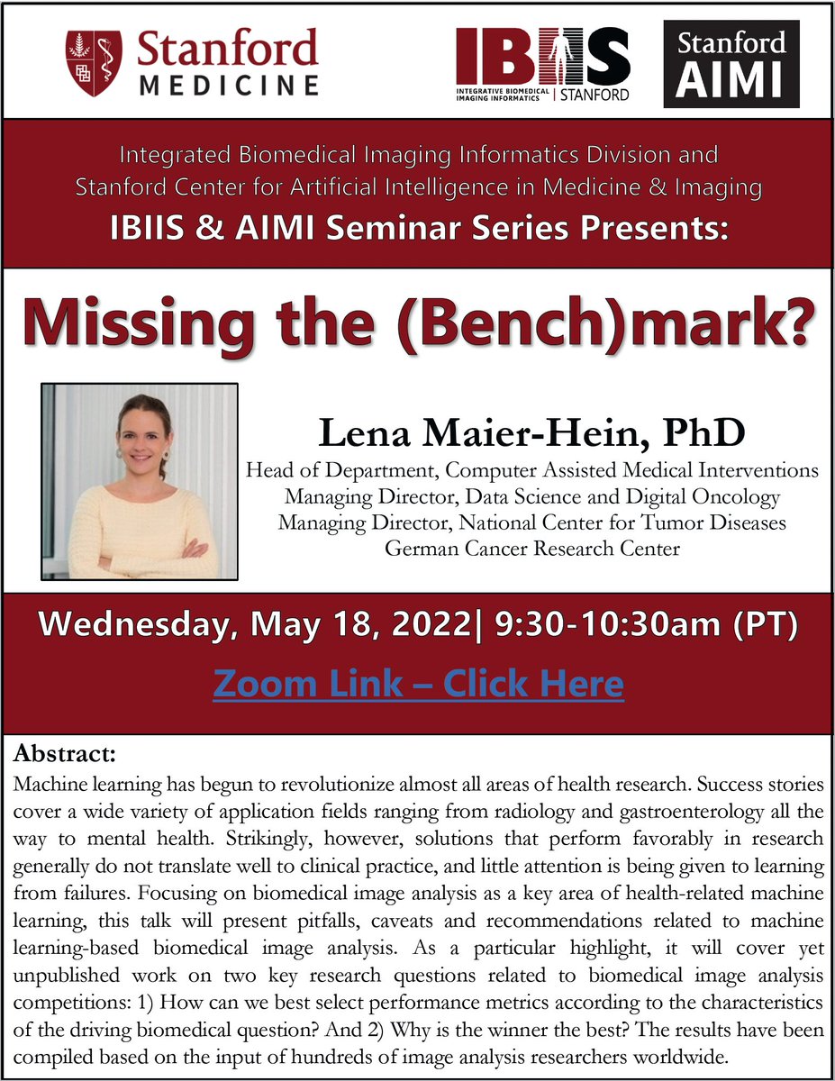 Integrative Biomedical Imaging Informatics (IBIIS) (@stanfordibiis) on Twitter photo Watch Dr. Lena Maier-Hein's (<a href="/lena_maierhein/">Lena Maier-Hein New: @lena-maier-hein.bsky.social</a>) <a href="/StanfordIBIIS/">Integrative Biomedical Imaging Informatics (IBIIS)</a> & <a href="/StanfordAIMI/">Stanford AIMI</a> seminar on Intelligent Systems in Cancer Care – Achievements and Lessons Learned, via the IBIIS website: ibiis.stanford.edu/events/seminar… Watch Dr. Lena Maier-Hein's (<a href="/lena_maierhein/">Lena Maier-Hein New: @lena-maier-hein.bsky.social</a>) <a href="/StanfordIBIIS/">Integrative Biomedical Imaging Informatics (IBIIS)</a> & <a href="/StanfordAIMI/">Stanford AIMI</a> seminar on Intelligent Systems in Cancer Care – Achievements and Lessons Learned, via the IBIIS website: ibiis.stanford.edu/events/seminar…