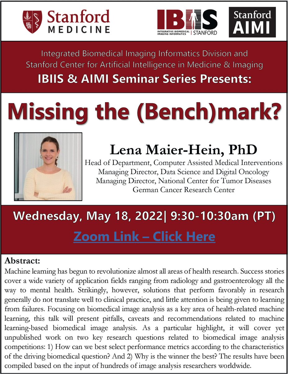 Watch Dr. Lena Maier-Hein's (@lena_maierhein) @StanfordIBIIS & @StanfordAIMI seminar on Intelligent Systems in Cancer Care – Achievements and Lessons Learned, via the IBIIS website: ibiis.stanford.edu/events/seminar…