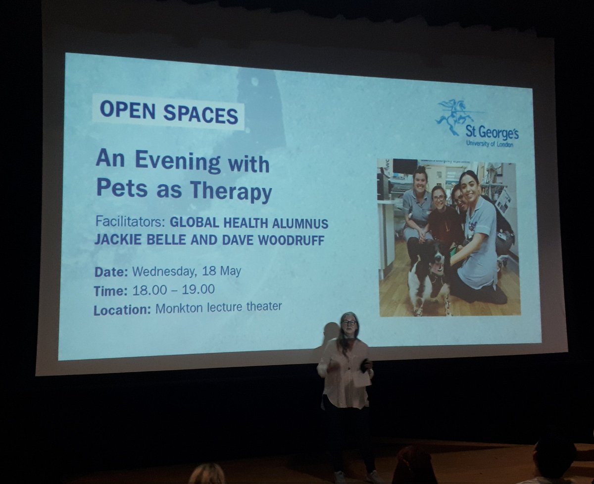 June_Phillips1's tweet photo. Great talk tonight @StGeorgesUni Open Spaces 'An evening with @PetsAsTherapyUK ' ! Shame not to meet @DoggRosie but her friends all present &amp; correct on the front row 🐕🐶🐩 @StGeorgesTrust #Sw17 https://t.co/2opVbR47jW
