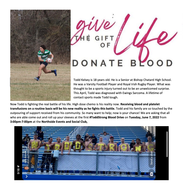 BishopChatardHS's tweet photo. There will be a blood drive in honor of BCHS Senior, Todd Kelsey on Tuesday, June 7 from 3:00 p.m. – 7:00 p.m. at the Northside Events & Social Club, 2100 E 71st Street. Head to https://t.co/A0sooDTimz to sign up! https://t.co/nQGpvo1qGS