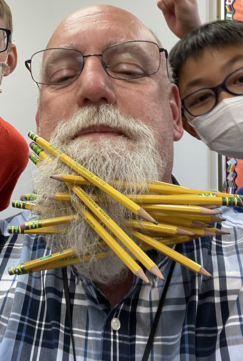 Reverse Jenga. Wheatland students placed 20 pencils in Mr Linville’s beard on their last class day.