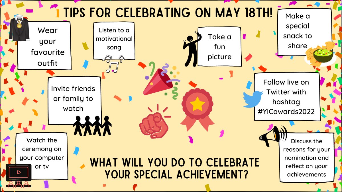 We are less than 1 hour away from the #YICawards2022! We are so excited to celebrate and honour the wonderful awards recipients in York Region. Congratulations! Here are some fun tips for celebrating. What will you do to celebrate your special achievement?