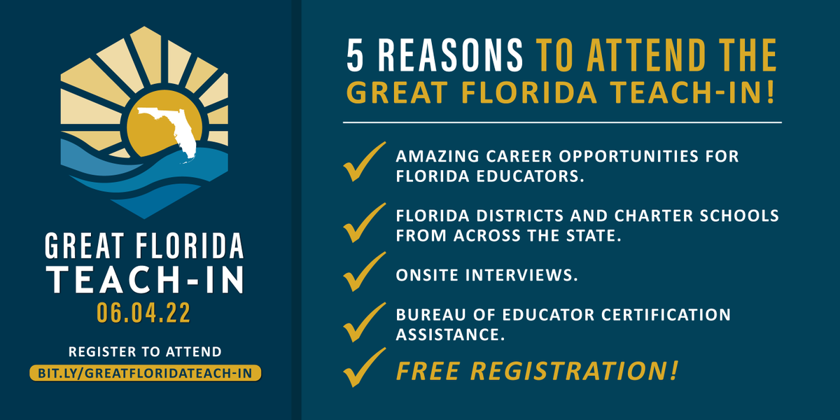 ✔️  Amazing career opportunities for Florida educators.
✔️  Florida districts and charter schools from across the state.
✔️  Onsite interviews.
✔️  Bureau of Educator Certification assistance.
✔️  Free Registration!
bit.ly/greatfloridate…