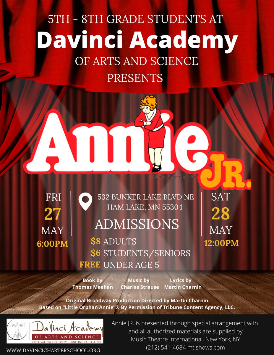 Come support DaVinci Academy 5th-8th grade students as they perform Annie Jr.

📅 Friday, May 27th at 6:00pm

📅 Saturday, May 28th at 12:00pm