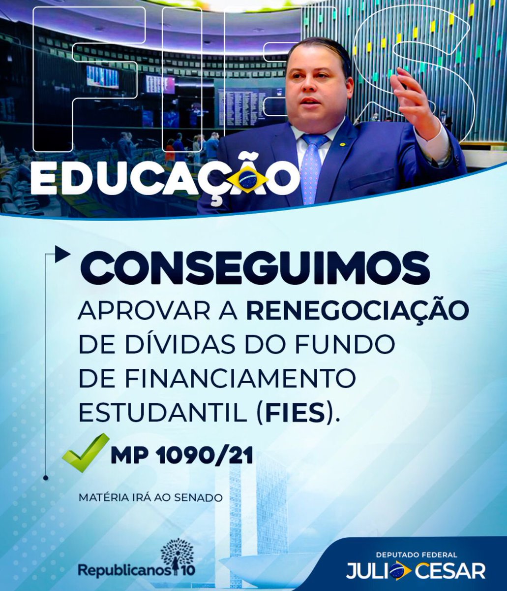 Aprovamos a MP 1090/21 que permite a renegociação de dívidas do Fies com descontos de até 99%. A medida vai beneficiar mais de 455 mil estudantes em todo país, reduzindo o índice de inadimplência do programa, que aumentou em razão da pandemia da Covid-19.
