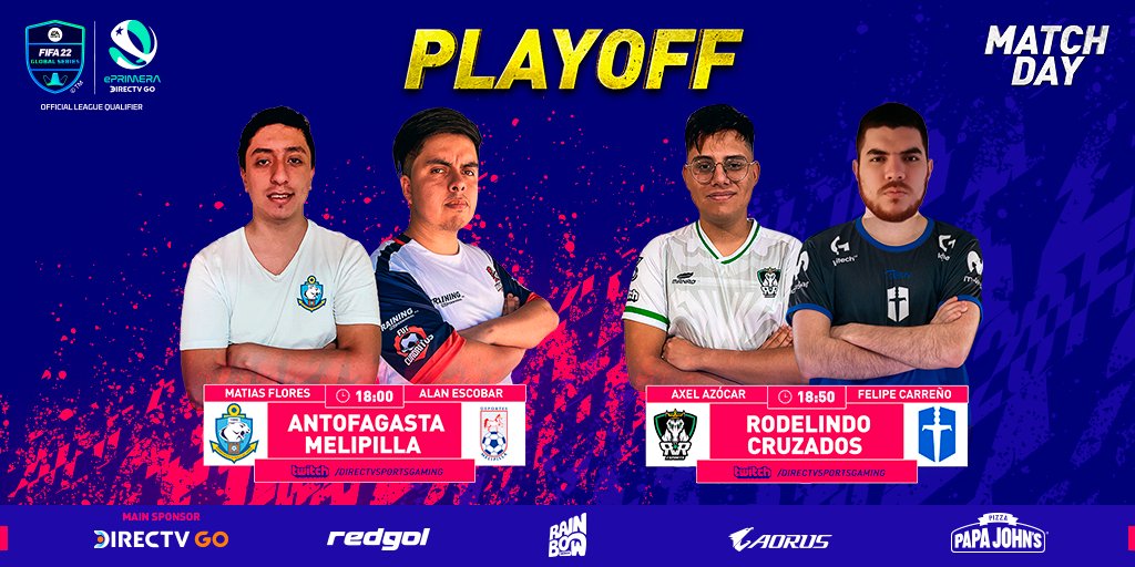 Ya estamos en cuartos de final de la #ePrimeraDirectvGO

Hoy desde las 🕕18 iniciamos con la partida entre <a href="/ClubAntofagasta/">C.D. Antofagasta</a>🆚<a href="/cdmelipilla/">Deportes Melipilla</a>  
Luego viene el duelo entre  
<a href="/rodelindosadp/">ℝ𝕠𝕕𝕖𝕝𝕚𝕟𝕕𝕠 𝕊.𝔸.𝔻.ℙ</a>🆚<a href="/CruzadosEsports/">Cruzados Esports</a> 

Sabremos los clasificados a semis, no te lo pierdas!

<a href="/Campeonatochi/">Campeonato Chileno</a> <a href="/redgol/">RedGol</a>