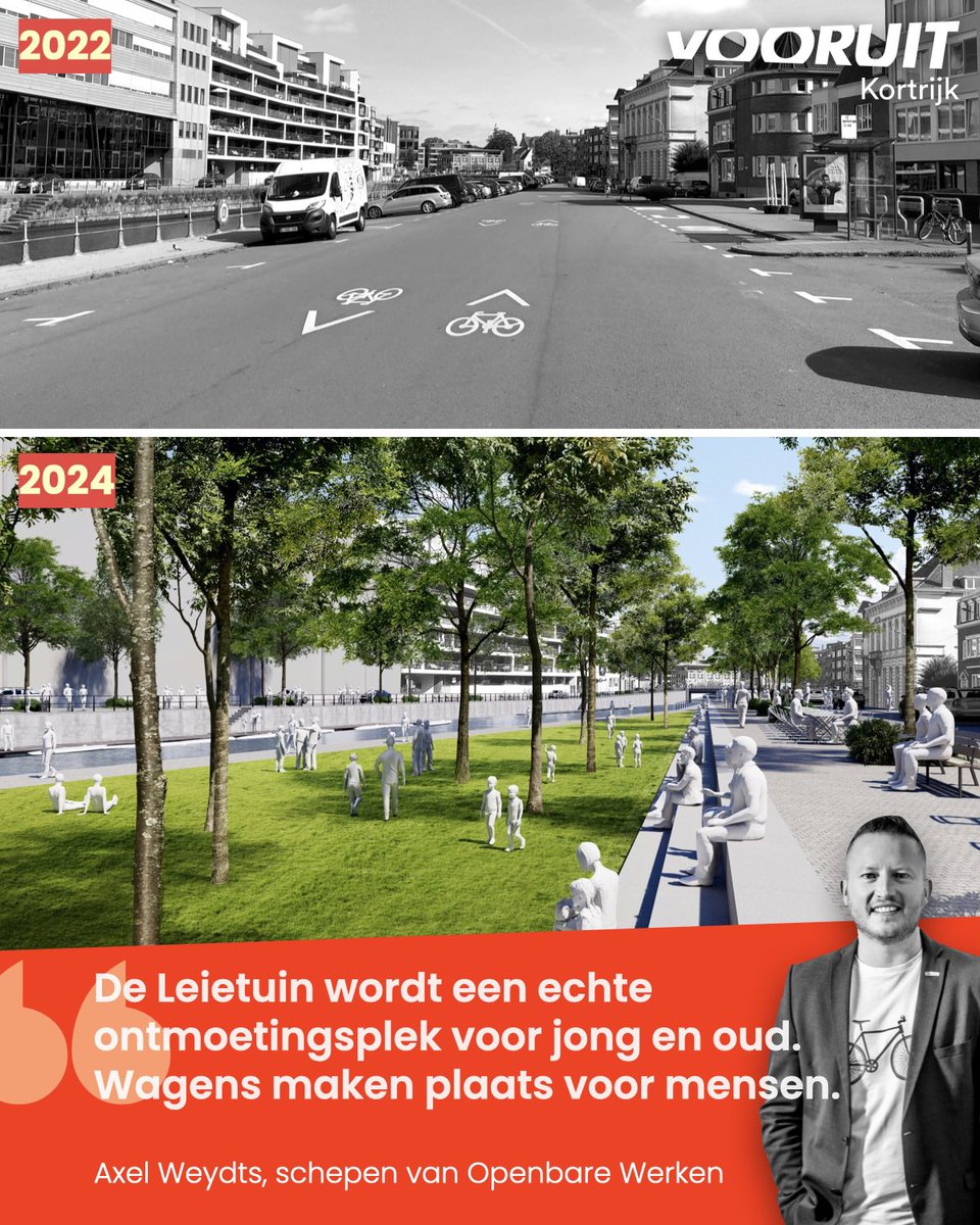 De plannen voor de verdere verlaging van de Leieboorden in hartje Kortrijk werden vandaag voorgesteld. 

Wat vandaag een grijze asfaltvlakte is voor wagens wordt straks een groene ontmoetingsplek voor mensen. 

Maar liefst 100 nieuwe bomen en 1000 m2 ontharding!
