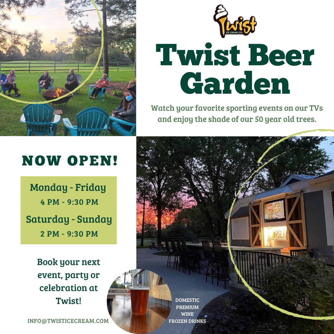 Twist Beer Garden is now open! Watch your favorite sporting events and enjoy the shade of our 50 year old trees. Looking for somewhere to host your next event, party or celebration? Look no further! For inquiries, send us an email: info@twisticecream.com