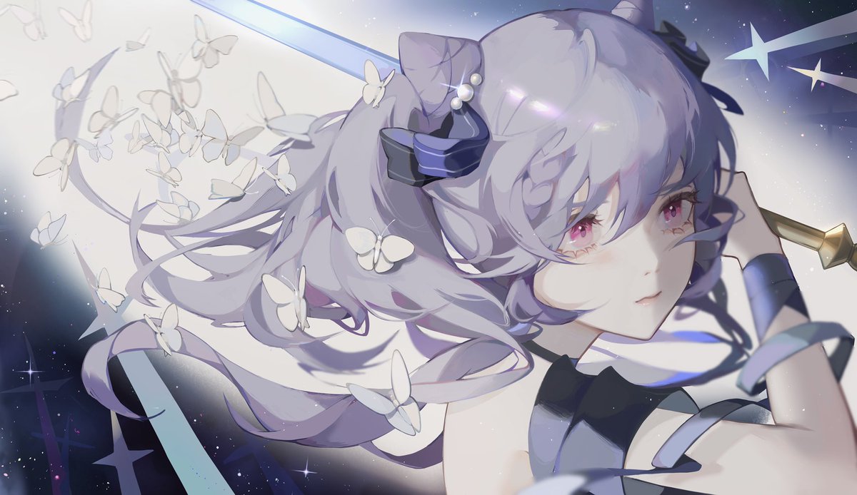 keqing (genshin impact) 1girl solo purple hair hair bun sword weapon holding  illustration images