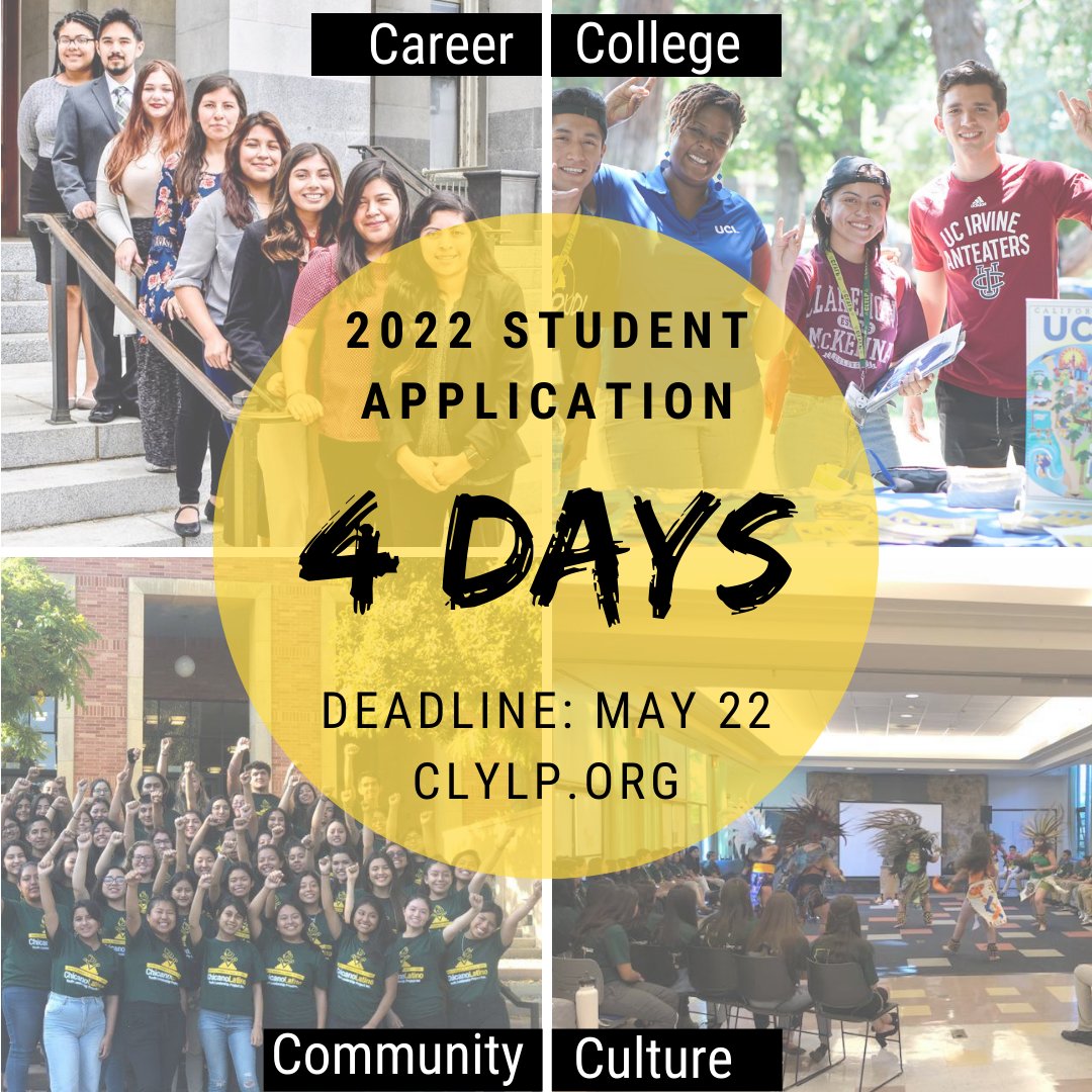 CLYLP's tweet photo. 4 Days left to submit your application for CLYLP's High School Programs!
Create your online account BEFORE Sunday to ensure you don't run into any issues.
For any help please email applications@clylp.org
#clylp https://t.co/vEGLXi5Ds0