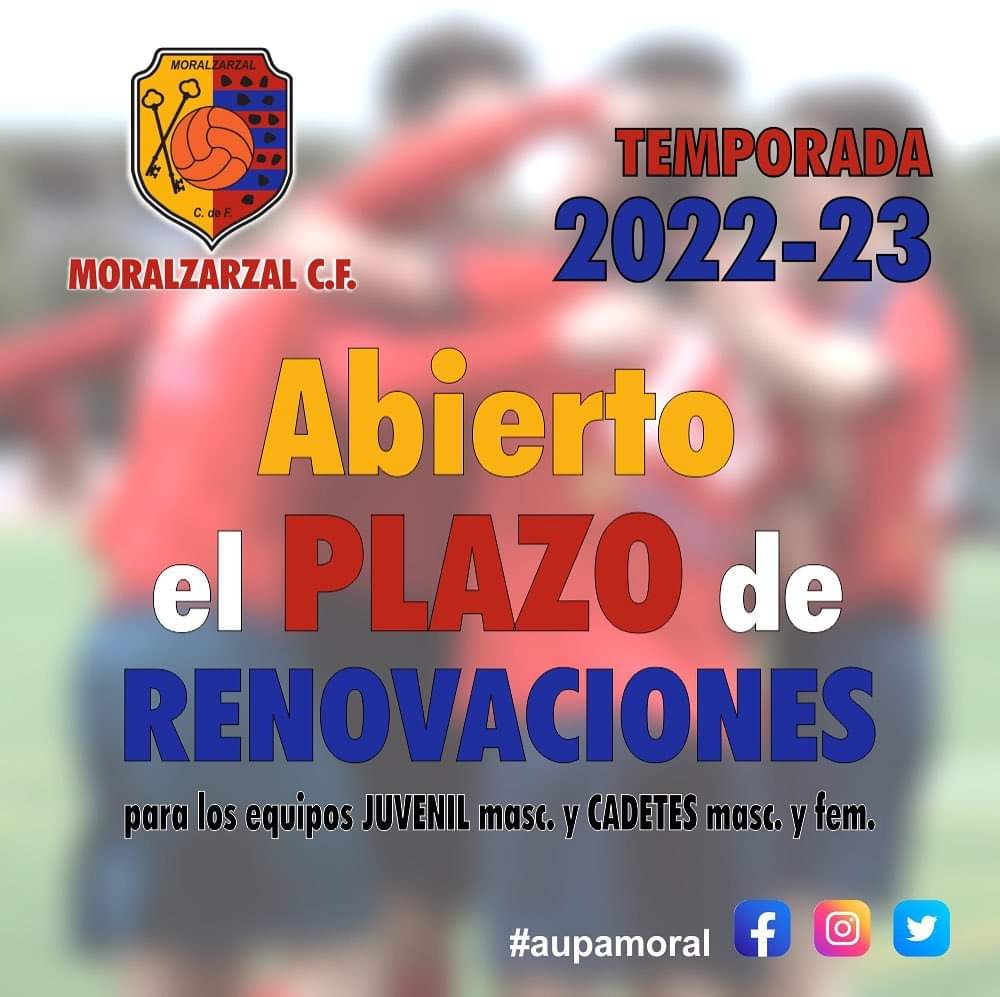 MoralzarzalCdF's tweet photo. L@s jugadores@s de los citados equipos que quieran seguir formando parte de la cantera del Moralzarzal CF deberán comunicarlo hasta el 31 de Mayo con estas opciones:
- WhatsApp al teléfono del club 633457812.
- Por mail a moralzarzalcdf@gmail.com.
- Comunicarlo a su entrenador https://t.co/RRnY8pvWG4