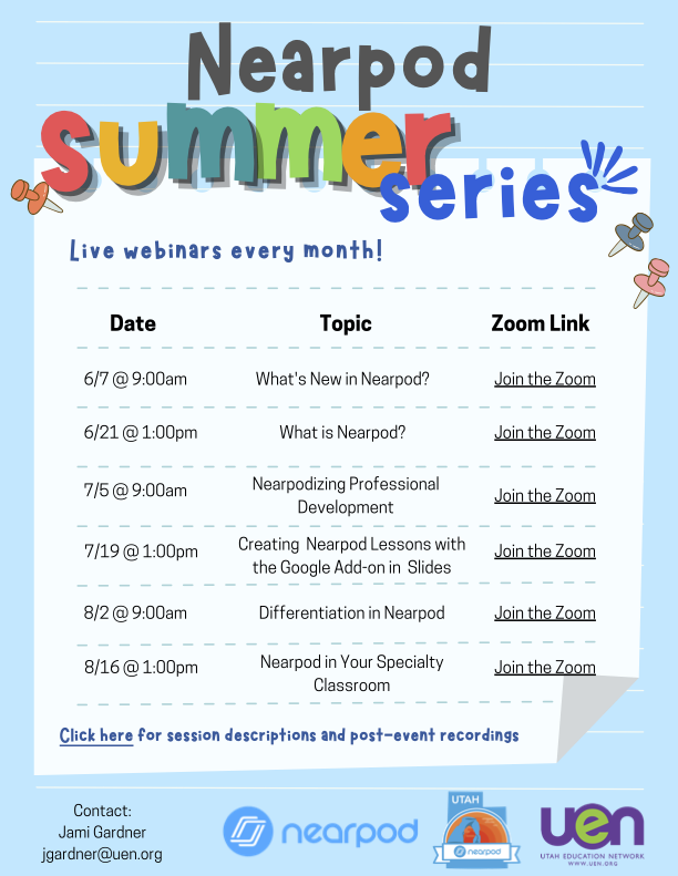 NearpodJenna's tweet photo. Don't miss UEN's Nearpod Summer Series with webinars designed for all levels of Nearpod expertise! Learn more at https://t.co/L2tbOvfyh1. #UTNearpod https://t.co/dGmxBpFRPf