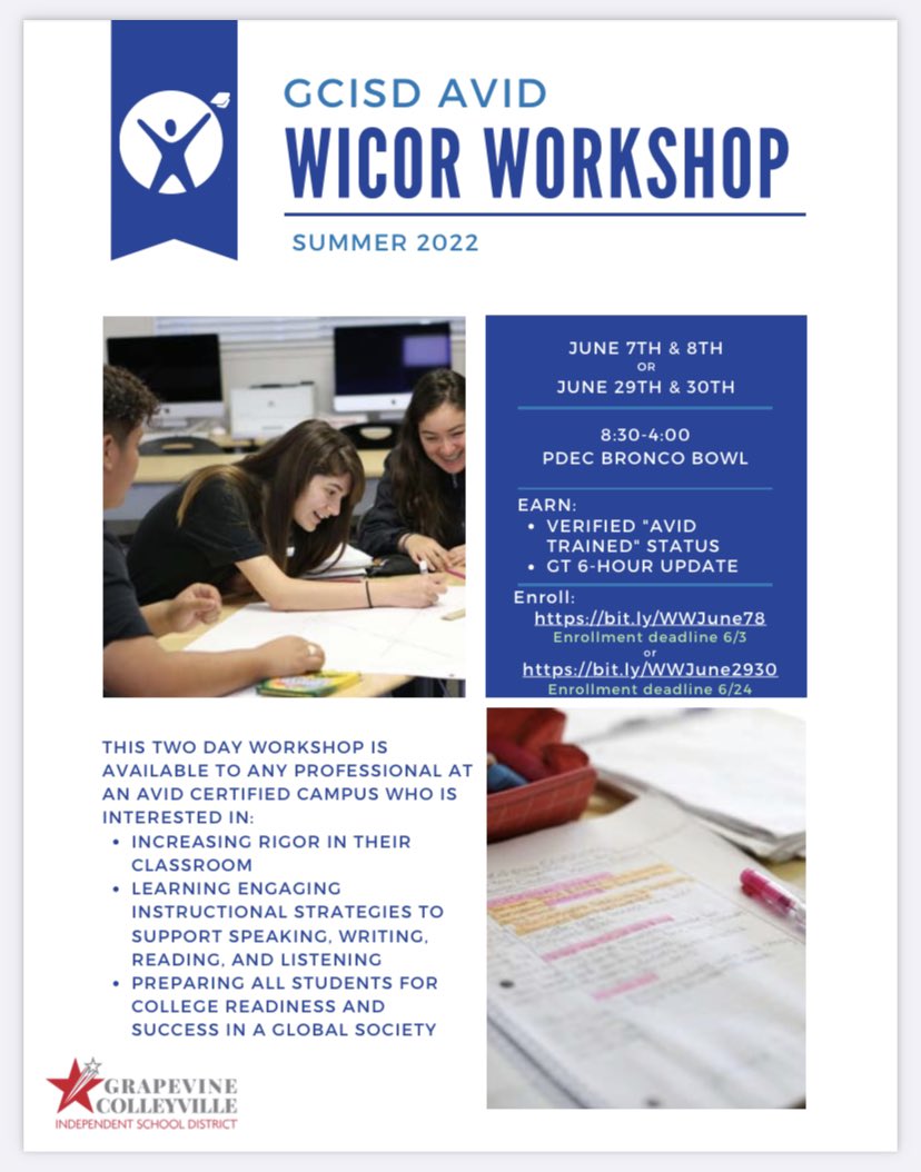 Looking to sharpen some tools in your instructional toolbox? Engage students in new ways? Promote college and career readiness for all students? Come join the fun at one of our WICOR Workshops this summer! We promise you won’t regret it!🤩#gcisdavid