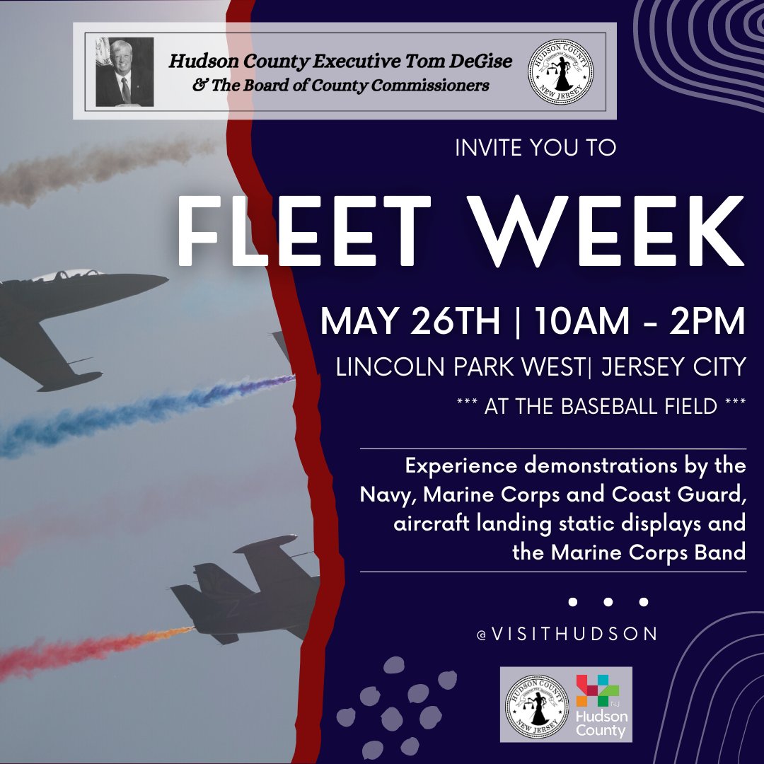 VisitHudsonNJ (@visithudsonnj) on Twitter photo Join <a href="/HudCoTweet/">Hudson County</a> Executive <a href="/TomDeGise/">Tom DeGise</a> & the Board of County Commissioners on May 26th, 10 am til 2 pm to celebrate Fleet Week! Enjoy demonstrations by branches of our Armed Services as well as the Marine Corps Band at Lincoln Park West in Jersey City!
#VisitHudsonNJ #HudsonCounty Join <a href="/HudCoTweet/">Hudson County</a> Executive <a href="/TomDeGise/">Tom DeGise</a> & the Board of County Commissioners on May 26th, 10 am til 2 pm to celebrate Fleet Week! Enjoy demonstrations by branches of our Armed Services as well as the Marine Corps Band at Lincoln Park West in Jersey City!
#VisitHudsonNJ #HudsonCounty