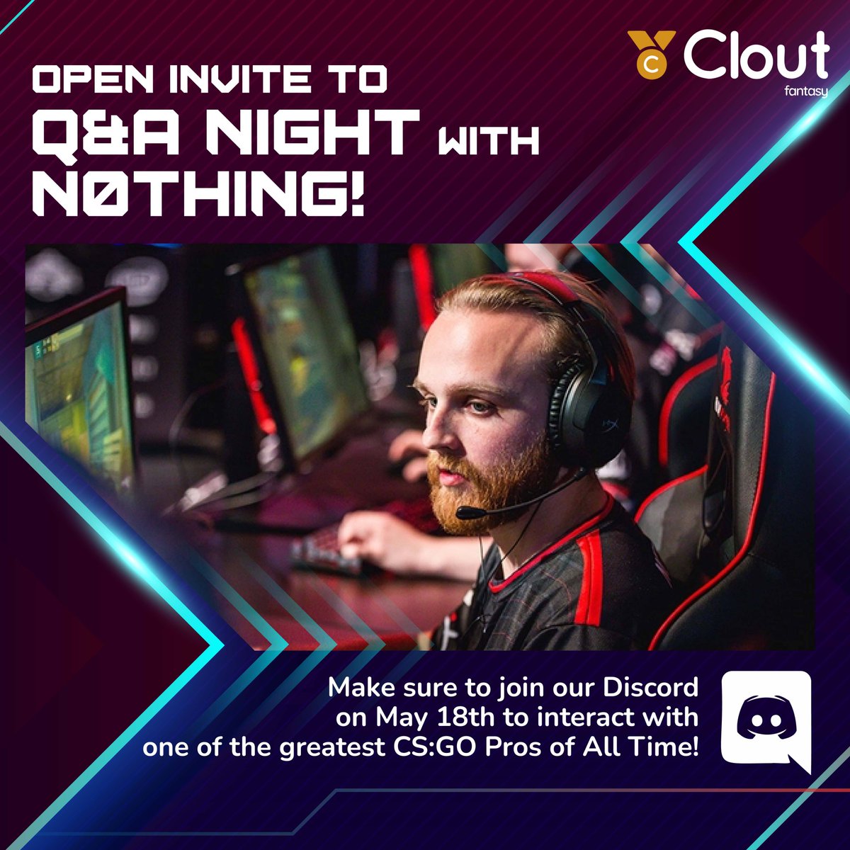 playclout's tweet photo. Join the legendary 
@n0thing
 for a LIVE Q&amp;A on the Clout Fantasy Discord THIS EVENING, May 18th @ 5pm EST. 😎

👉 Don't miss out on the fun...join our Discord server now at https://t.co/vuOmQ3hSaQ

#Clout #CloutFantasy #Esports #n0thing #Discord https://t.co/yy3YSKZBSz