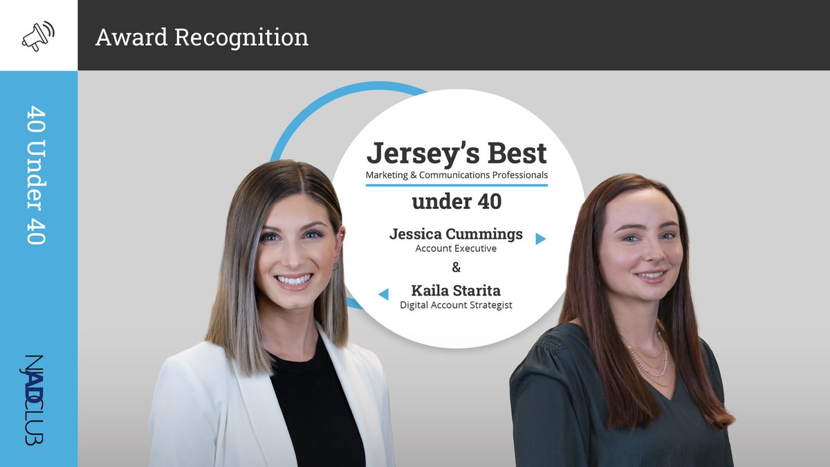 randjsc's tweet photo. Our very own Kaila Starita and Jessica Cummings have been selected for @NJAdClub's top 40 marketing and public relations professionals under 40. Congratulations to you both🎉

#NJAdClub #40under40 #publicrelations https://t.co/eMy6aR5L0m