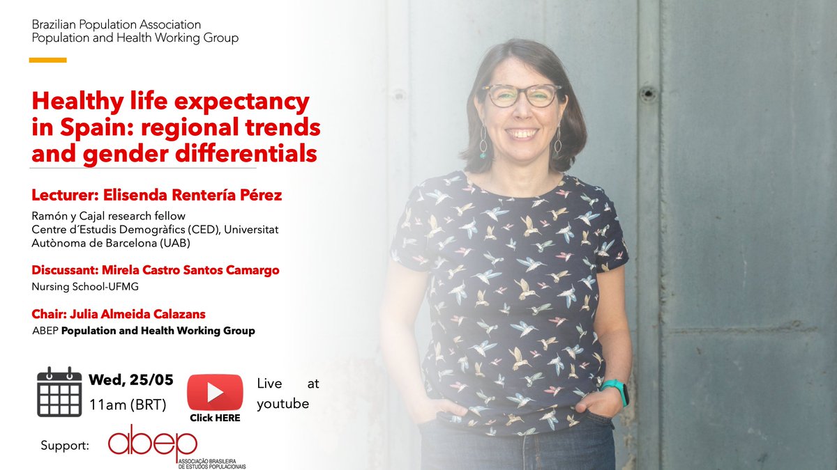 📢Must-see:
🇧🇷📈Brazilian Population Association (ABEP) presentation w/ 
@elisrenteria (lecturer) from <a href="/CEDemografia/">CED Barcelona</a> 
on Wed 25 May at 11am (Brazil) | 4pm (Barcelona)

▶️🎥Live: youtube.com/channel/UC2Tgc…
<a href="/abep1976/">Abep - Assoc Bras Estudos Populacionais</a>
 <a href="/AbepDemografia/">AbepDemografia</a>
 <a href="/populacaosaude/">ABEP GT População e Saúde</a>