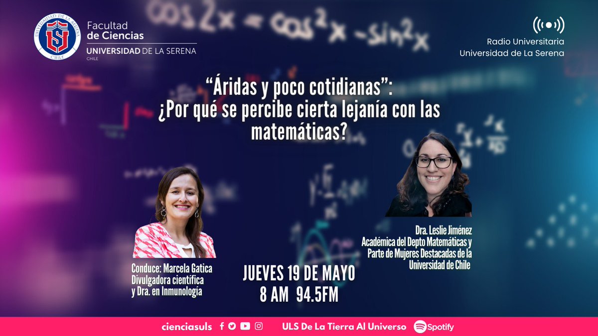 CienciasULS's tweet photo. ¿Y tú, percibes cierta lejanía en tu vida con las matemáticas?🧮🤯

🎙️Acompáñanos en este programa con la académica y divulgadora científica @ljimenez83 de @CienciasUChile @uchile 

⏰Mañana 8AM
🎙️ @MarceCiencias 
📻 Radio Universitaria 94.5 FM @userena 
👉https://t.co/nbIHUHONcx https://t.co/3gDqUpyak5