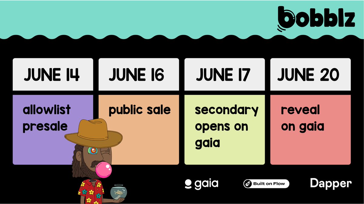 🗓️Save the date🗓️

Springing onto the <a href="/flow_blockchain/">Flow.com</a>, minting on Bobblz.io with <a href="/hellodapper/">Dapper</a> wallet. Secondary and reveal on <a href="/GaiaMarketplace/">Gaia Marketplace</a>. 

Stay tuned for more details dropping in the next four WEN-sdays leading up to launch. 

We dive in more tonight on🎙️