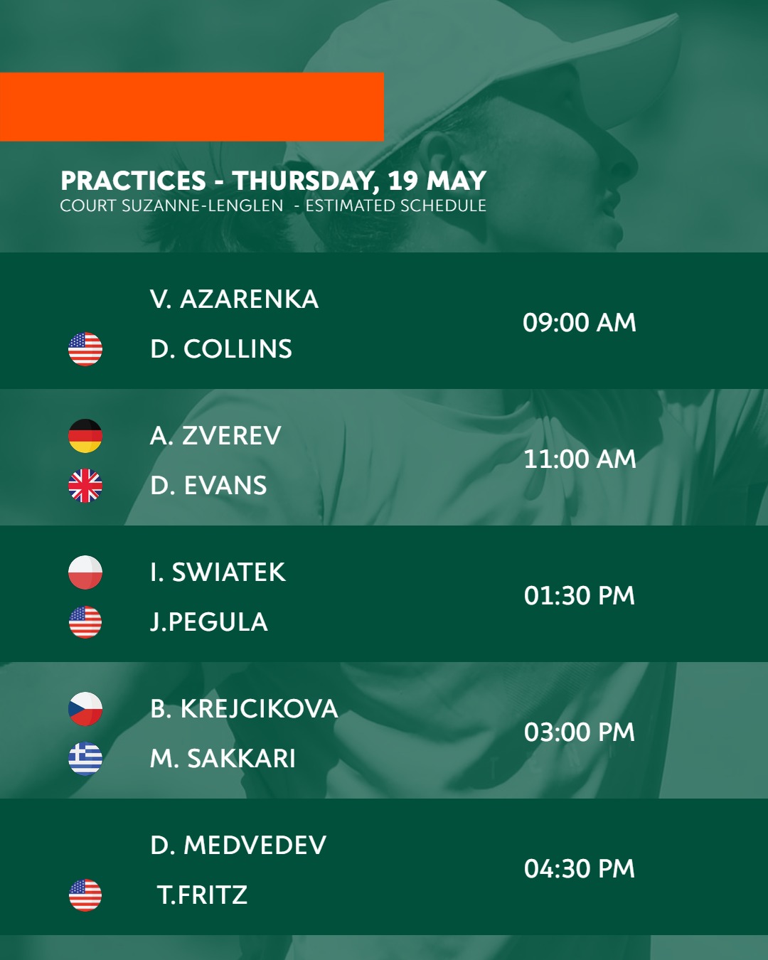 Roland Garros on Twitter "Thursday's practice schedule 👀 Ticketing 🎟️