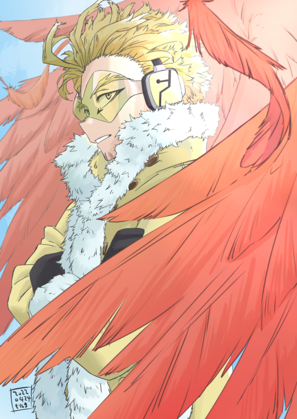 hawks (boku no hero academia) 1boy male focus blonde hair solo wings feathered wings fur trim  illustration images