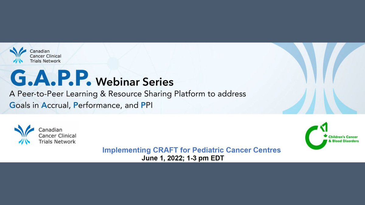 3ctnNews's tweet photo. Join us for the summer edition of the G.A.P.P. webinar session on the topic of CRAFT for Pediatric Cancer Centres. Session will be facilitated by Kathy Brodeur-Robb @C17Council and @antoniacpalmer.
Register here: https://t.co/Pp0phy1PxE https://t.co/68e3nI2vOa